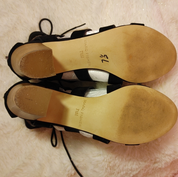 Marc Fisher black leather suede sandal heels back zip front lace up sz 7.5 - Picture 9 of 11